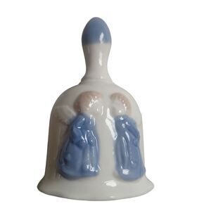 Vintage Bell Treasure Master's Kissing Angels Taiwan 4.25” X 2.5” Blue & White